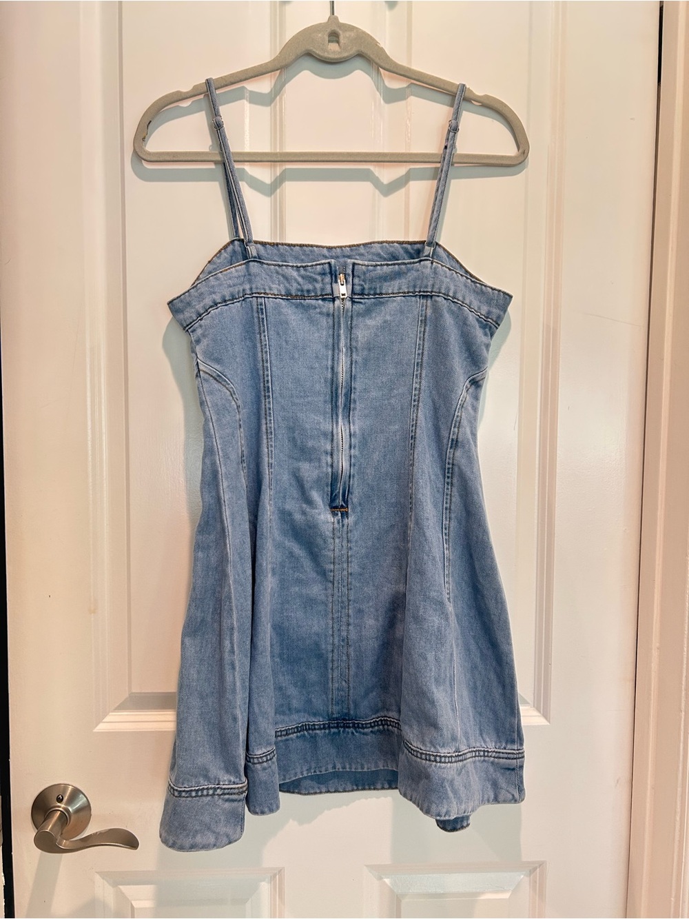 Lush Light Wash Denim Mini Dress Square Neck Sleeveless A-Line Cottagecore - Picture 5 of 9
